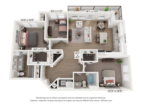 Floor plan for 3 beds, 2 baths, 1285 sqft